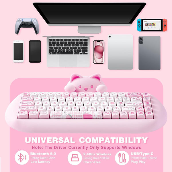 YUNZII C68 Wireless Mechanical Keyboard,65% Layout,Hot Swap,Triple Mode BT5.0/2.4G/Wired, RGB Backlit NKRO,Cute Cat Silicone Ergonomic Design for Win/Mac (Pink, Milk Switch)